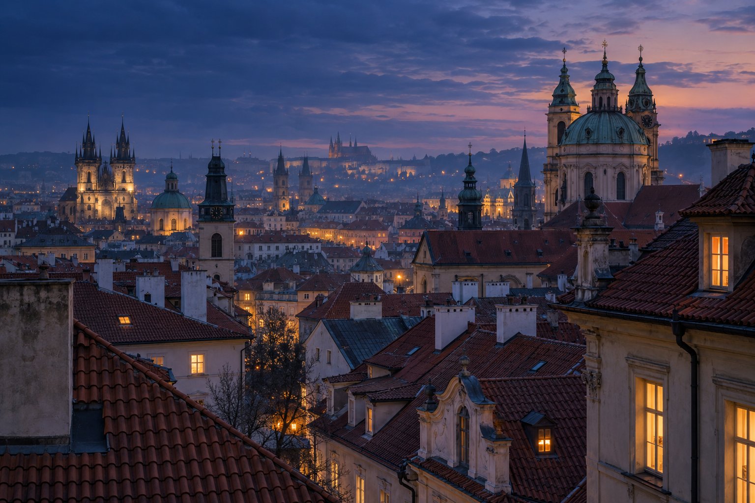 Historické střechy a architektura Prahy za soumraku